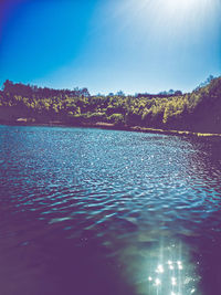 Scenic view of lake against blue sky