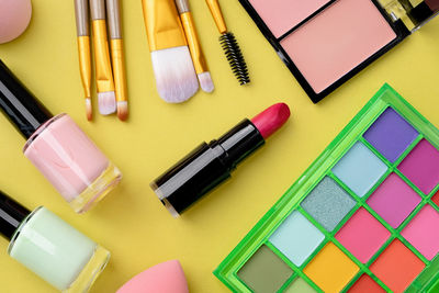 High angle view of beauty products on table