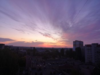 High angle view of silhouette buildings against sky during sunset