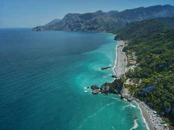 High angle view of bay against sky