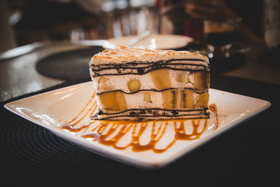 Close-up of cake in plate on table