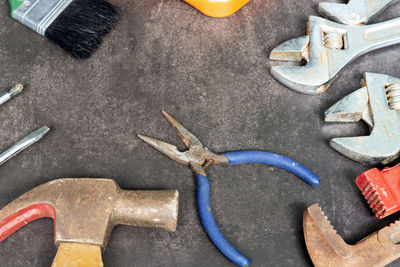 High angle view of various objects on table