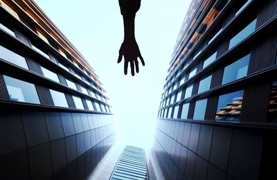 Low angle view of tall buildings against blue sky