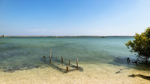 Scenic view of sea against clear blue sky