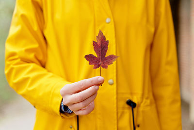 Midsection of man holding autumn leaf