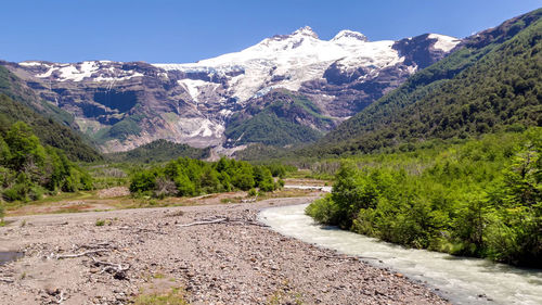 Scenic view of snowcapped mountains against clear sky