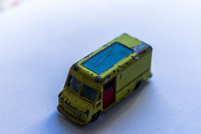 High angle view of toy car on table
