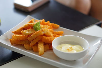 High angle view of food in plate on table