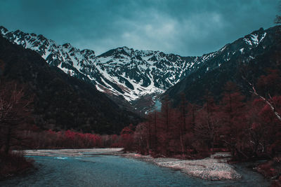 Scenic view of snowcapped mountains against sky during winter