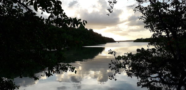 Scenic view of lake against sky at sunset