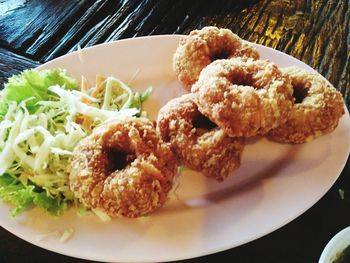 High angle view of food in plate on table