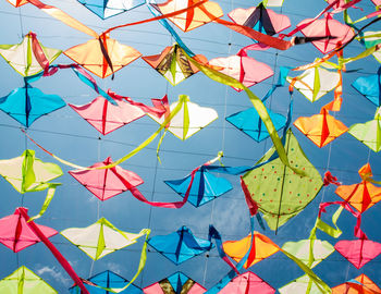 Low angle view of kite decoration against sky on sunny day