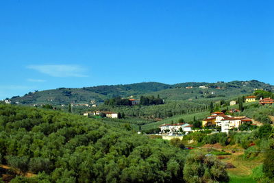 Houses by trees and mountains against blue sky