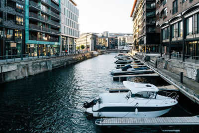 Canal in city against clear sky