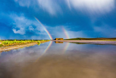 Scenic view of rainbow over land against sky