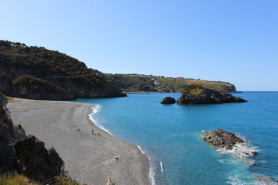 Scenic view of sea against clear blue sky