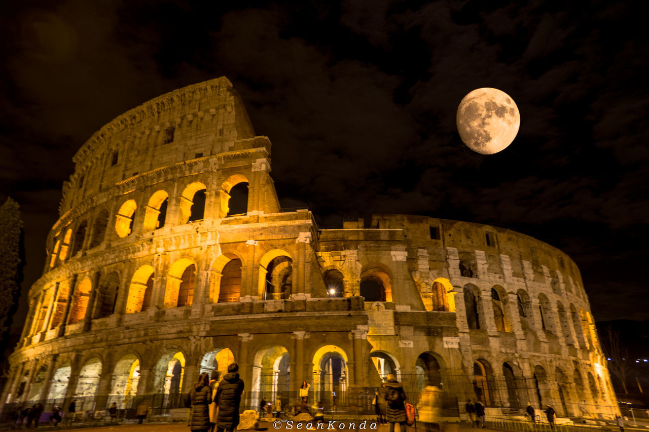 moon, night, architecture, history, old ruin, tourism, arch, ancient, travel destinations, built structure, illuminated, sky, travel, ancient civilization, monument, arts culture and entertainment, outdoors, low angle view, building exterior, nature, no people, astronomy