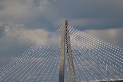 Low angle view of suspension bridge against sky