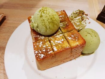 High angle view of dessert in plate on table