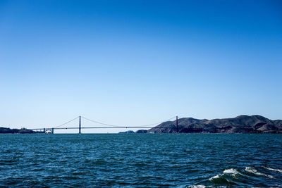View of suspension bridge over sea against blue sky