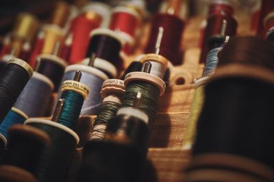 Close-up of colorful spools