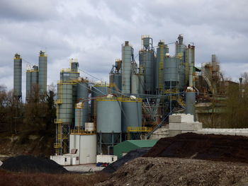 High angle view of factory against cloudy sky