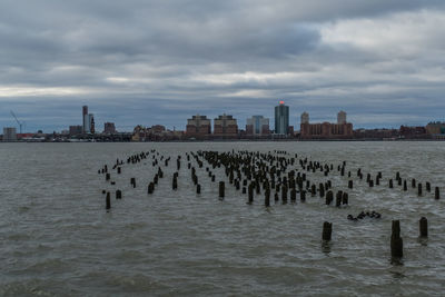 Wooden posts in sea against buildings in city