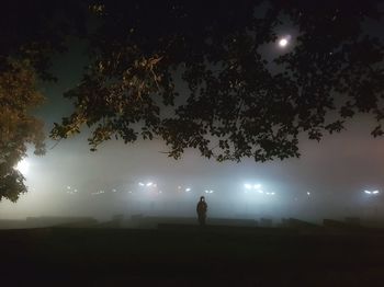 Silhouette person standing on illuminated street light against sky at night