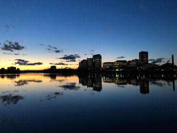 Reflection of buildings in lake against sky at sunset