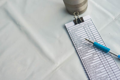 High angle view of pen on table