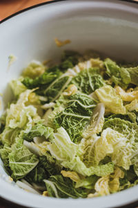 High angle view of salad in bowl on table