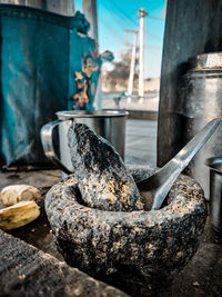 Close-up of mortar and pestle