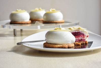 Close-up of dessert in plate on table