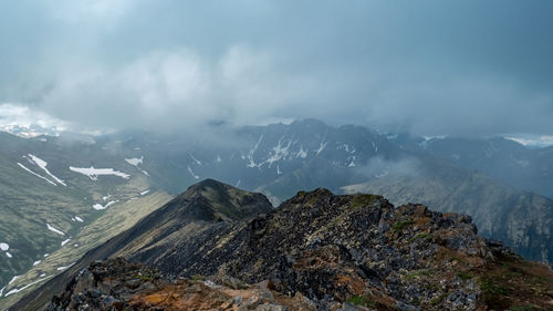 Aerial view of snowcapped mountains against sky