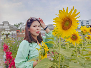 Portrait of young woman standing amidst sunflowers