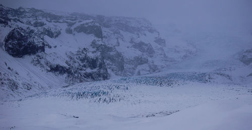 Scenic view of snow covered mountains against sky