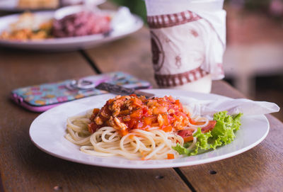 Close-up of served food on table