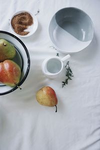 High angle view of fruits in plate on table