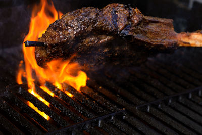 Close-up of meat on barbecue grill