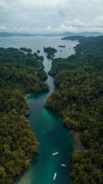 High angle view of sea and trees against sky