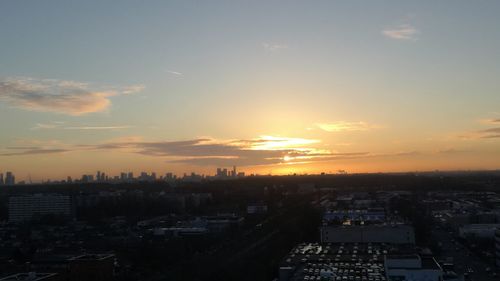 High angle view of cityscape during sunset