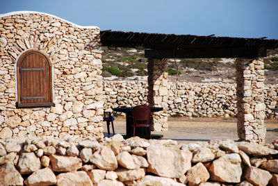 Stone wall of old building against clear sky