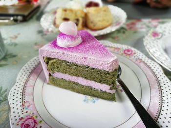 Close-up of cake served on table