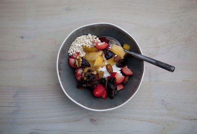 High angle view of fruits in bowl on table