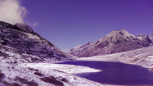 Scenic view of snowcapped mountains against clear blue sky