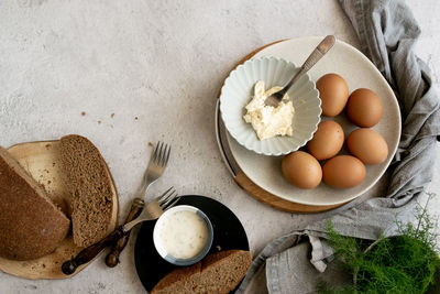 High angle view of breakfast on table