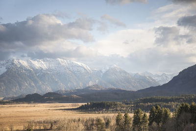 Scenic view of mountains against cloudy sky