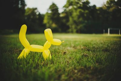Close-up of yellow toy on field