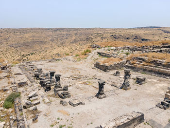 High angle view of old ruins against clear sky
