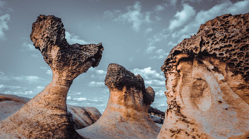 Low angle view of rock formations against sky